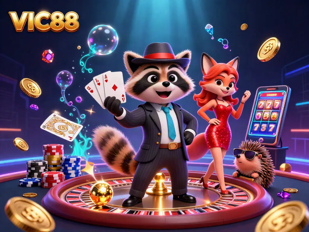 Experience VIC88's vibrant online casino atmosphere with a suave raccoon and his glamorous companions.