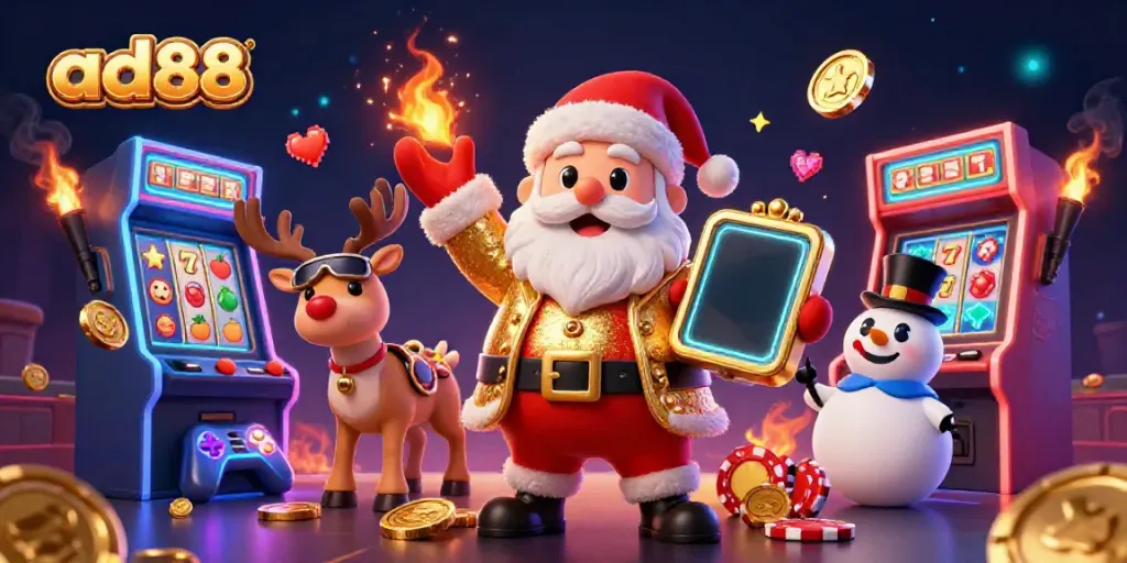 Experience jackpot excitement with ad88, featuring Santa and friends in a vibrant casino scene.