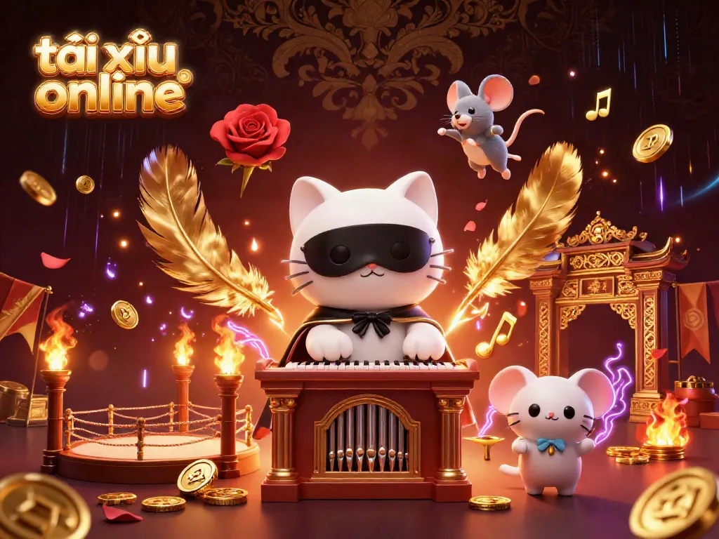 Experience the thrill of tài xỉu online with a whimsical 3D cat organist and animated elements.