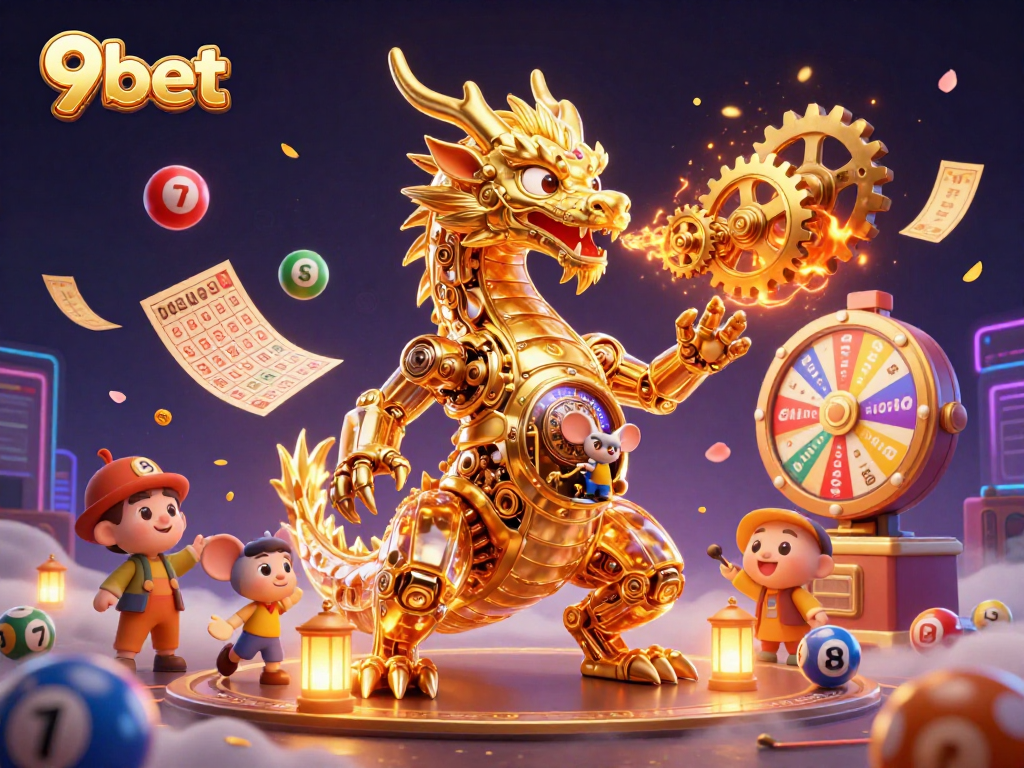 Engage with 9bet's exciting world as a golden dragon breathes gears amidst vibrant lottery elements.