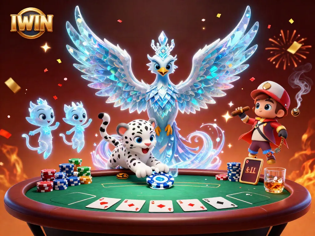 IWIN showcases an energetic casino scene with an ice phoenix, poker chip, and vibrant gameplay.