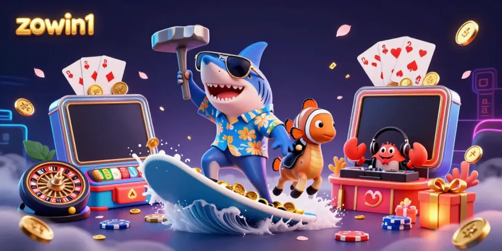 Zowin1 offers a thrilling casino experience with a shark in a Hawaiian shirt surfing gold coins alongside a DJ crab and a tuxedo clownfish.