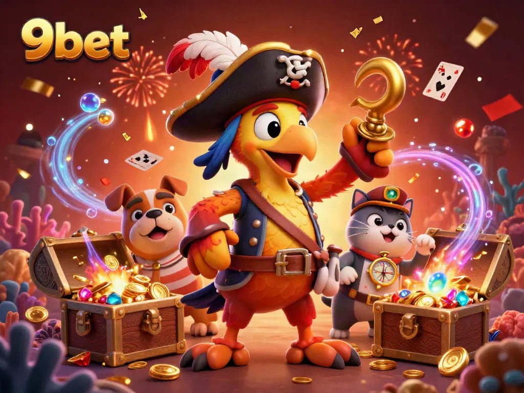 Experience the thrill of 9bet with a vibrant casino scene featuring dynamic characters and treasures.