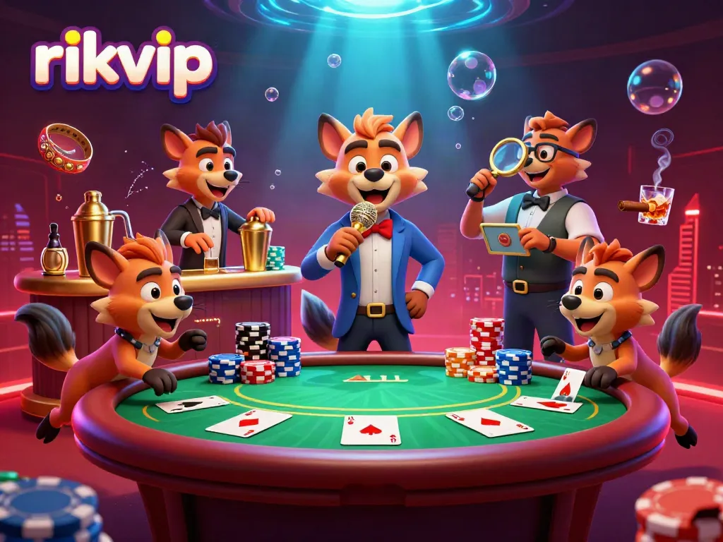 Engaging scene at rikvip casino featuring hyenas, poker elements, and vibrant casino atmosphere.