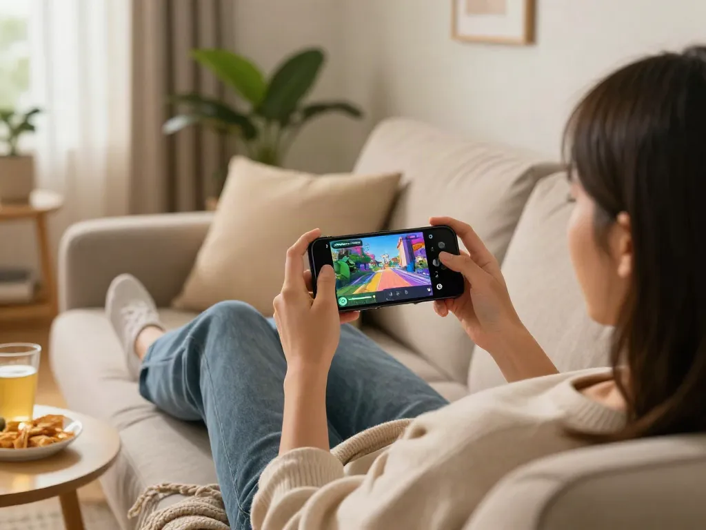 Engaging lifestyle scene of a user enjoying garuda404 mobile gaming platform in a cozy home