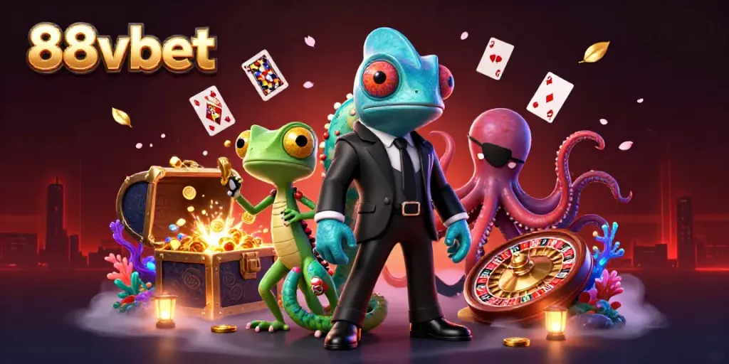Experience exciting casino action with 88vbet in this vibrant 3D illustration featuring unique characters and games.
