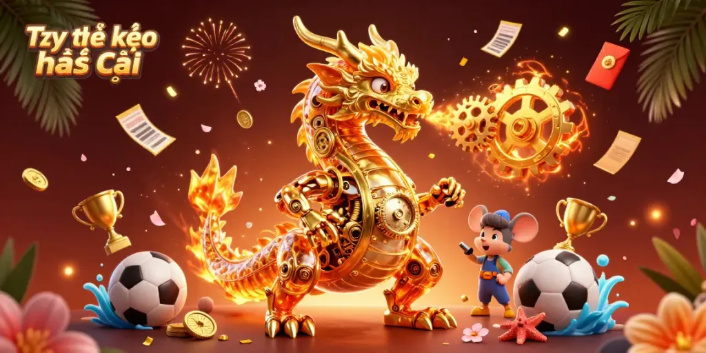 Engage with Tỷ lệ kèo nhà cái through a dynamic scene featuring a golden dragon, sports balls, and festive elements.