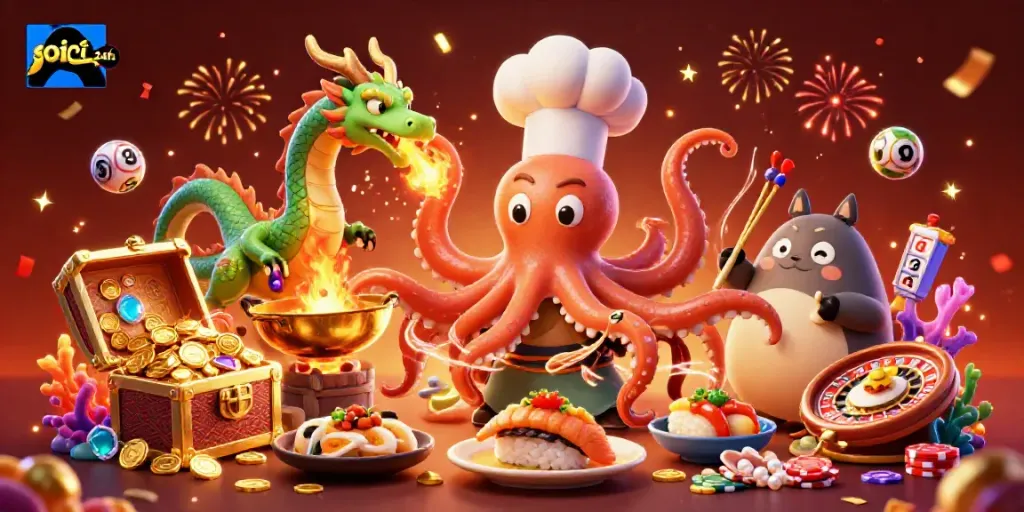 Experience the excitement of soi cầu 24h with a vibrant, dynamic casino scene featuring colorful characters and game elements.