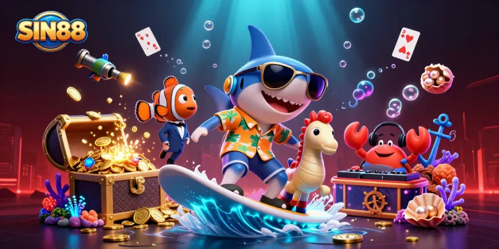 SIN88 promotes thrilling gameplay featuring vibrant characters in an exciting casino-themed underwater scene.