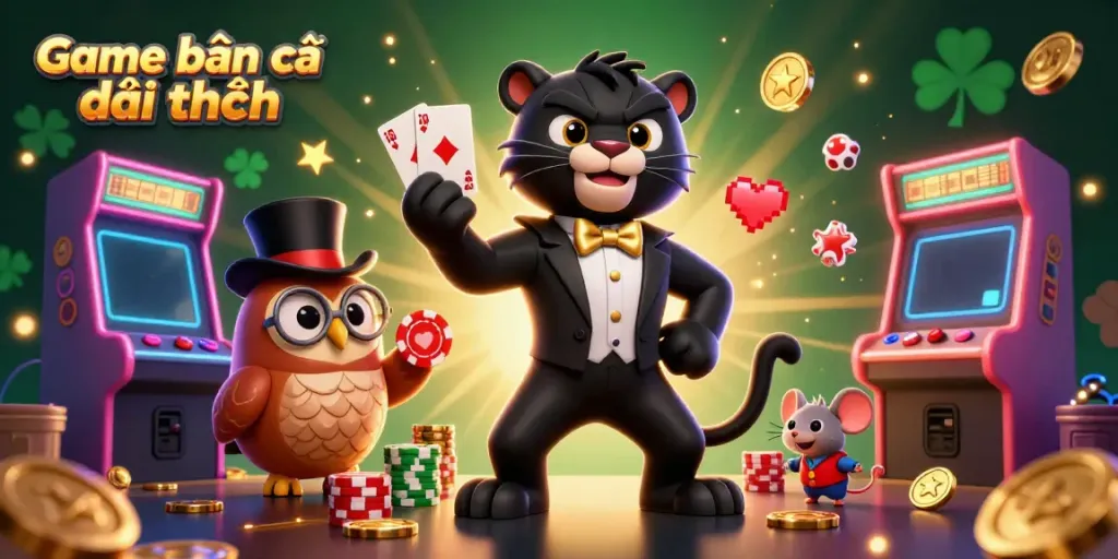 Experience the excitement of Game bắn cá đổi thưởng with engaging characters amidst vibrant arcade elements.