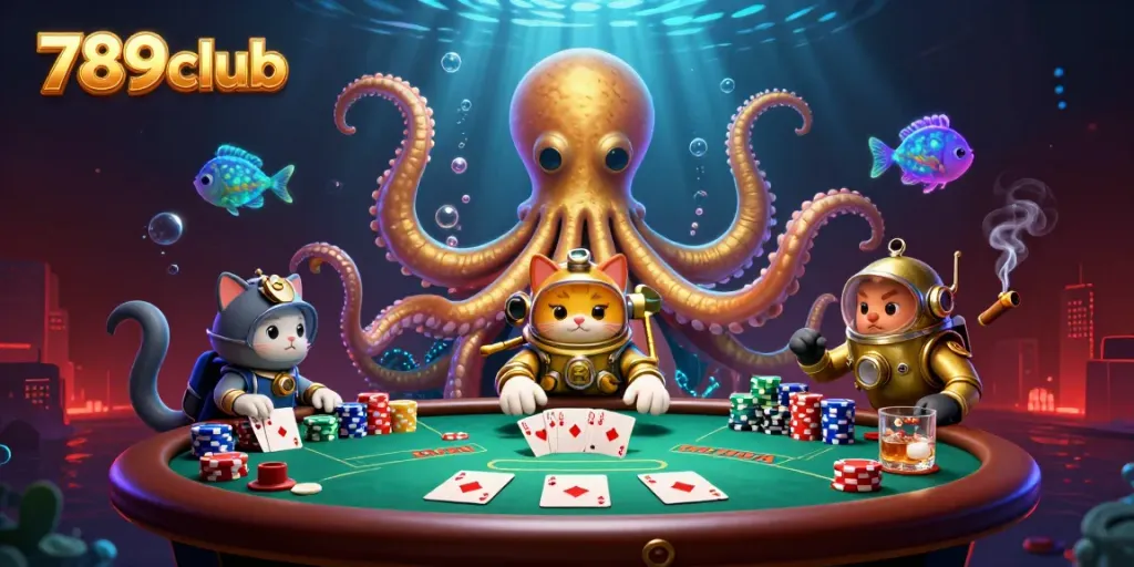 Engage in thrilling poker action featuring the unique characters of 789club in an exciting underwater scene.
