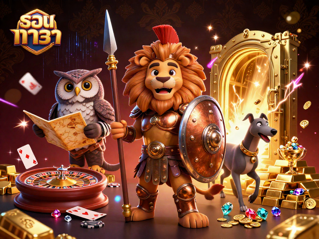Engage in แทงบาคาร่า as the Spartan lion, owl strategist, and greyhound messenger gather in a dynamic casino scene.