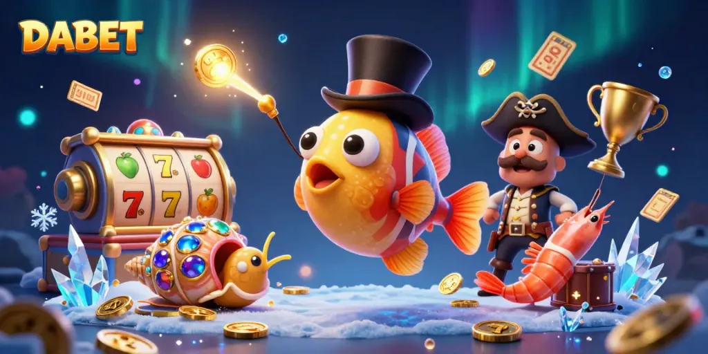 DABET attracts golden coins in a thrilling casino scene with vibrant characters and elements.