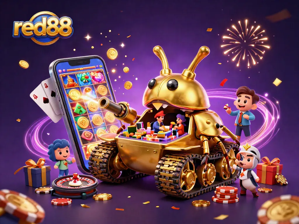 Engage with the red88 casino experience in a dynamic 3D illustration featuring a golden beetle tank.