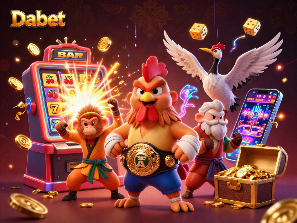 Dabet showcases a fierce Muay Thai rooster and Shaolin monkey in an exciting casino scene filled with jackpot gold and gaming elements.