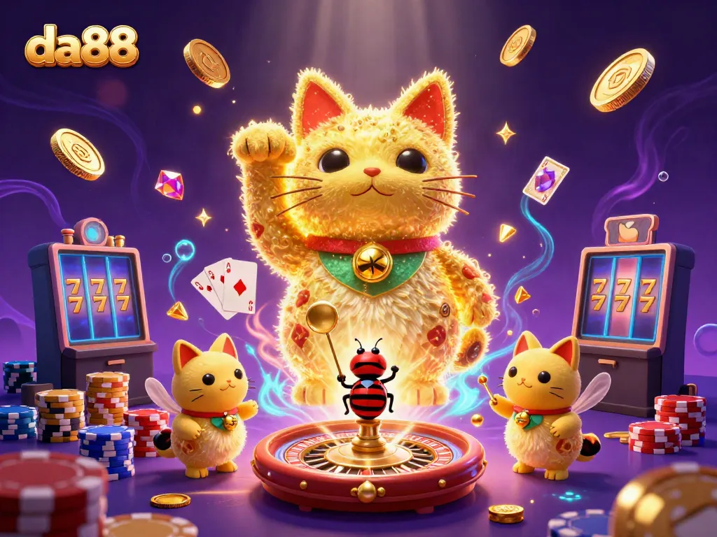 Experience the excitement of da88 with a dynamic and vibrant casino illustration featuring a golden lucky cat and sparkling elements.