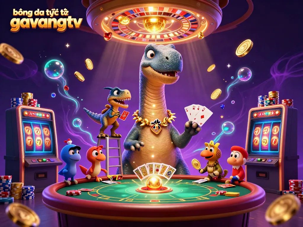 Experience the excitement of bóng đá trực tuyến gavangtv with a giant dinosaur and dynamic casino elements.
