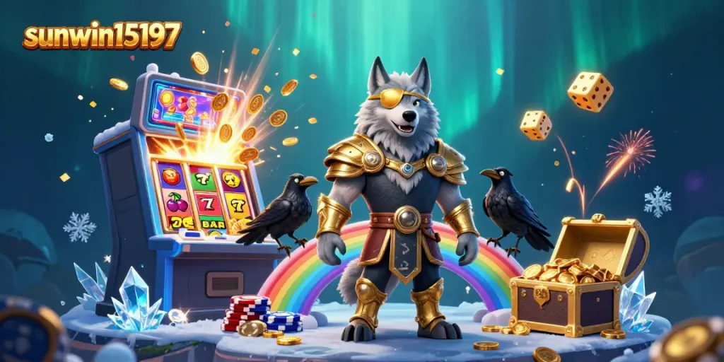 Experience the excitement of casino gaming with sunwin15197, featuring a mystical scene of an Odin wolf among vibrant slot machines.