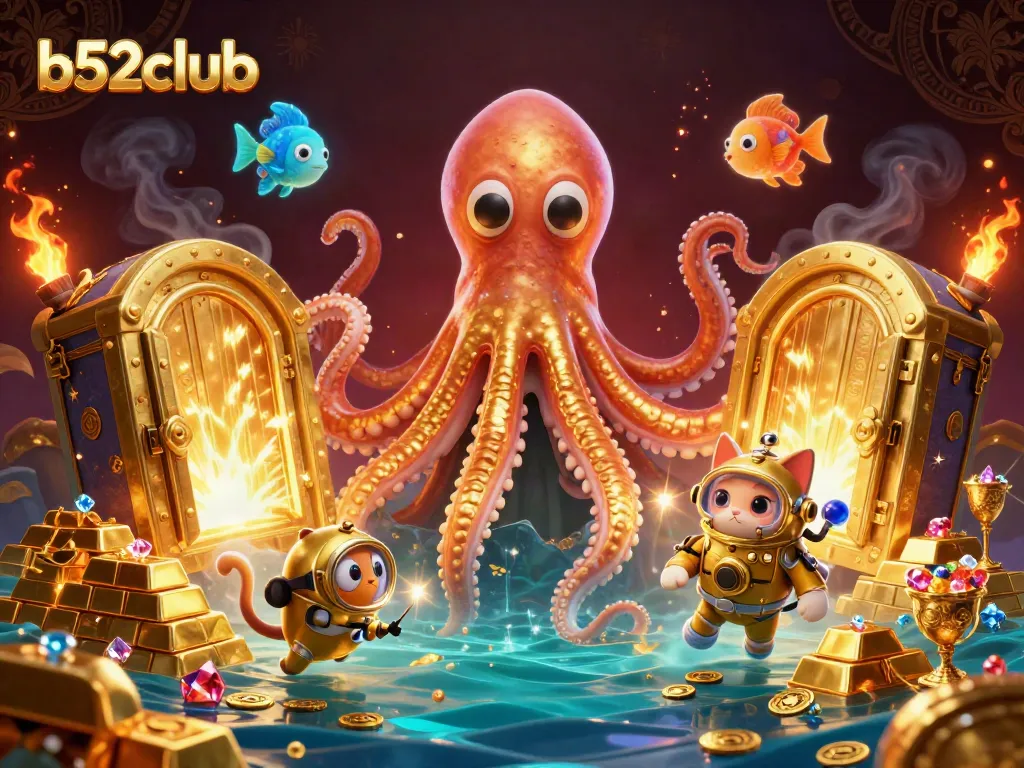 Engage in thrilling b52club adventures with a kraken and diving cat amidst treasure!