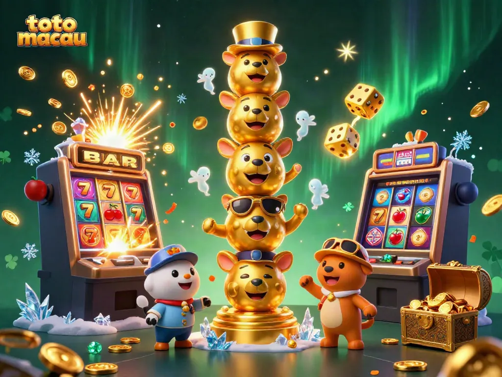 Menangkan hadiah besar dengan toto macau saat slot mesin berputar dengan emas dan koin bersinar.