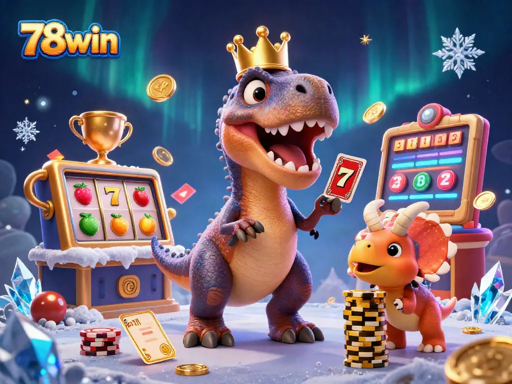 Experience thrilling gameplay with 78win while friendly characters shuffle cards and stack chips in a vibrant casino scene.