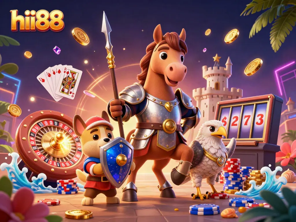 Experience excitement at hii88 with a lively scene of a knight, puppy, and falcon among casino elements.