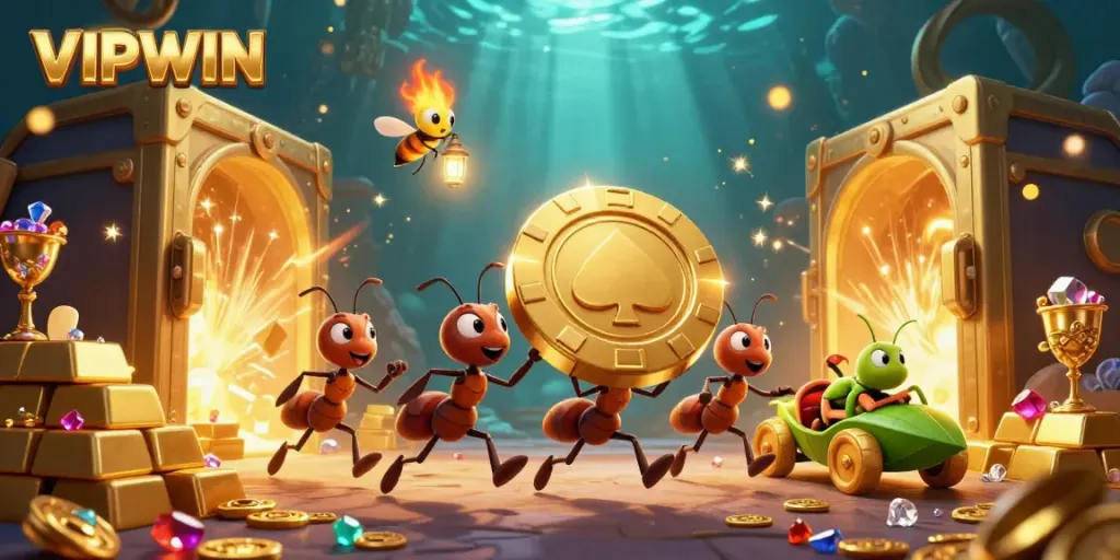 Experience the thrill of VIPWIN with ants heisting a giant poker chip and treasure in a vibrant, dynamic setting.