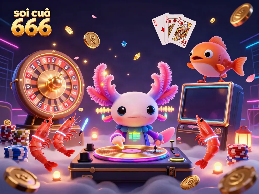 Soi cầu 666 showcases a vibrant scene with a neon axolotl DJ, colorful performers, and dynamic casino elements creating an exciting gambling atmosphere.