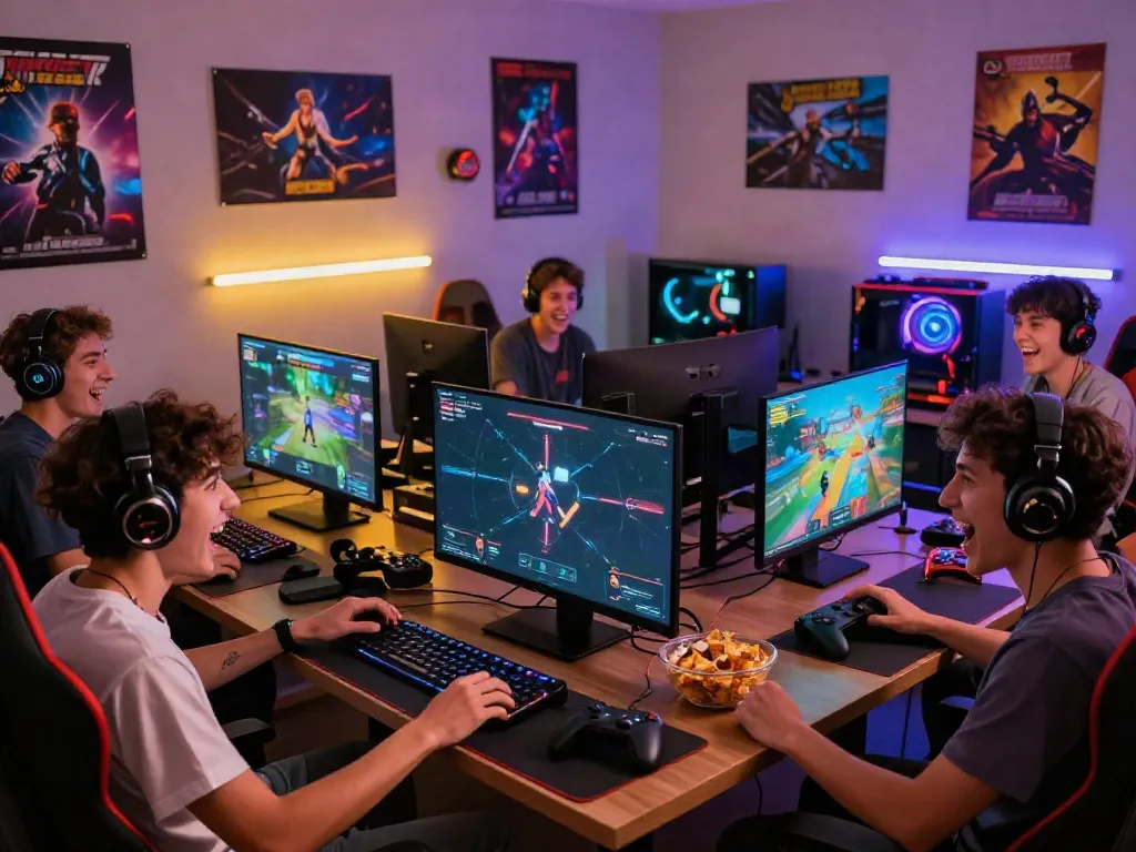 Group of friends enjoying diverse games at kilat404 gaming setup, vibrant atmosphere.