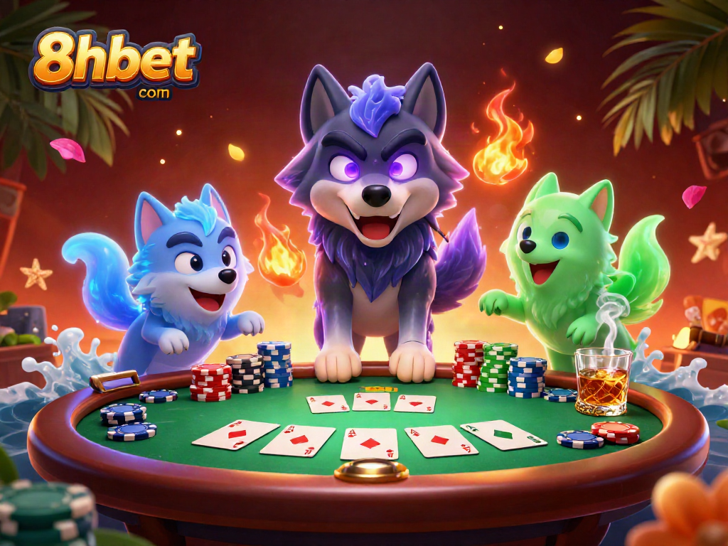 Engage in the thrilling world of cards with 8xbet com’s vibrant 3D casino scene featuring dynamic poker action.