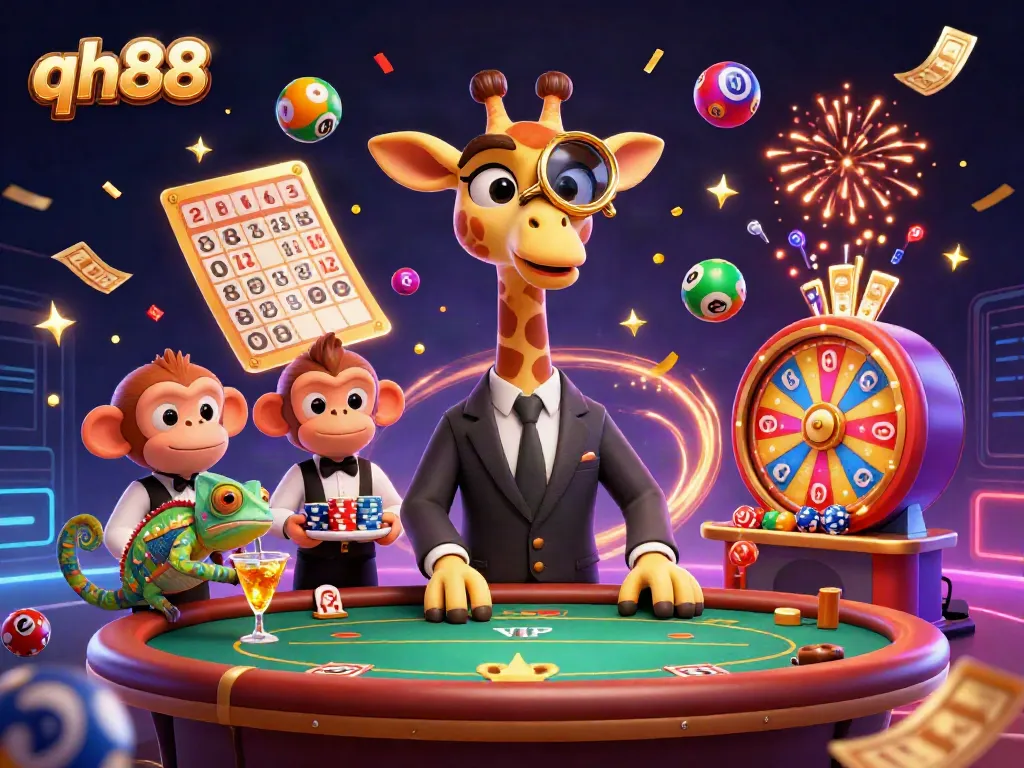Experience the vibrant energy at qh88 with a giraffe, monkey, and chameleon at a dynamic gaming scene.