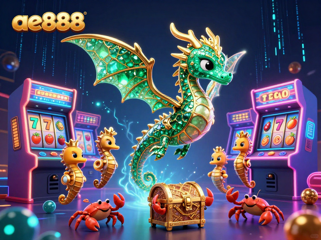 Win big with ae888 as the sea dragon guards treasures among colorful slot machines.