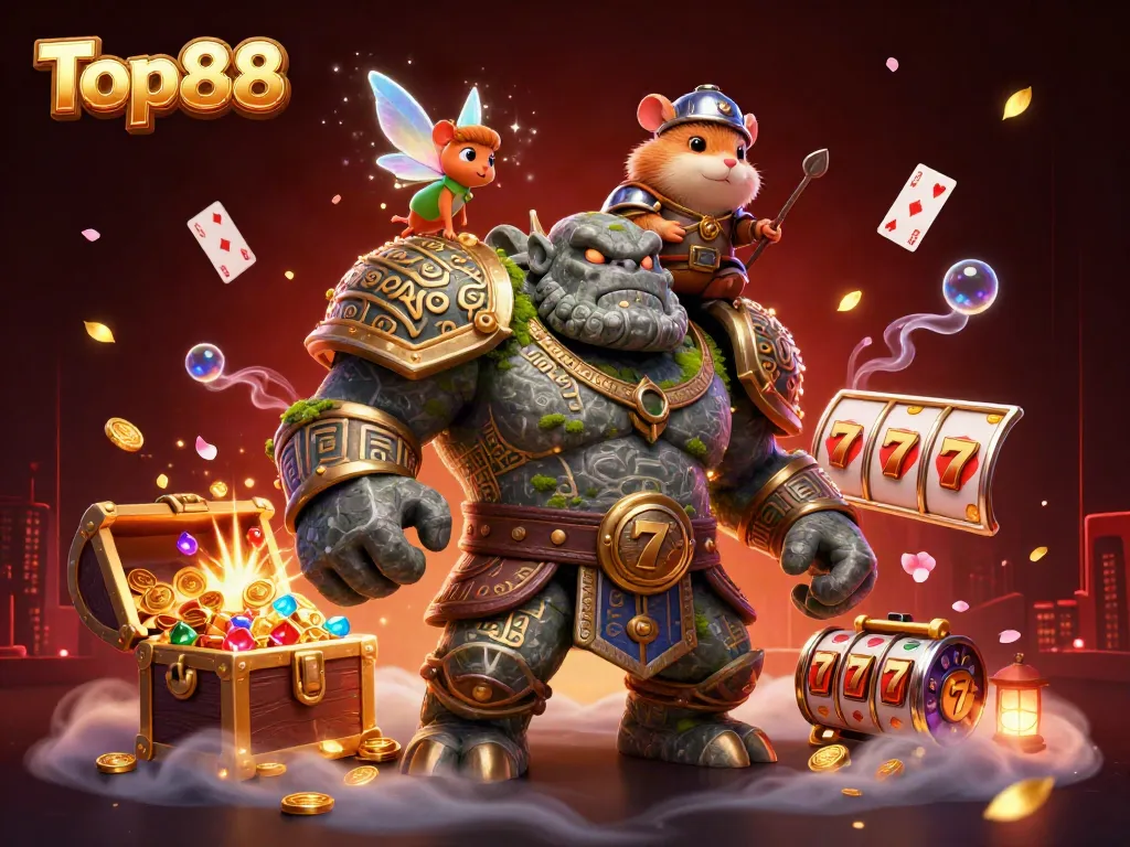 Top88 illustration featuring a golem guardian, fairy, and hamster knight amidst casino-themed treasure elements.