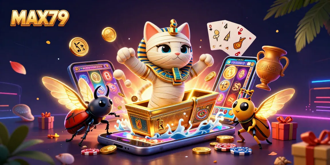 Engage in fun with MAX79, featuring an Egyptian mummy cat and casino elements in this vibrant illustration.