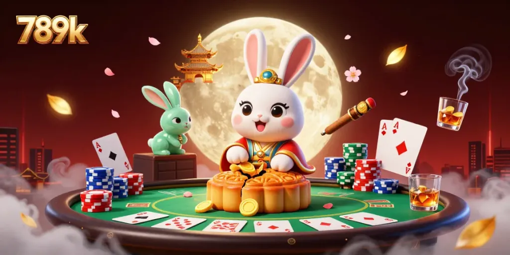 Engage with the lavish world of 789k with a moon rabbit illustration beside poker elements and casino excitement.