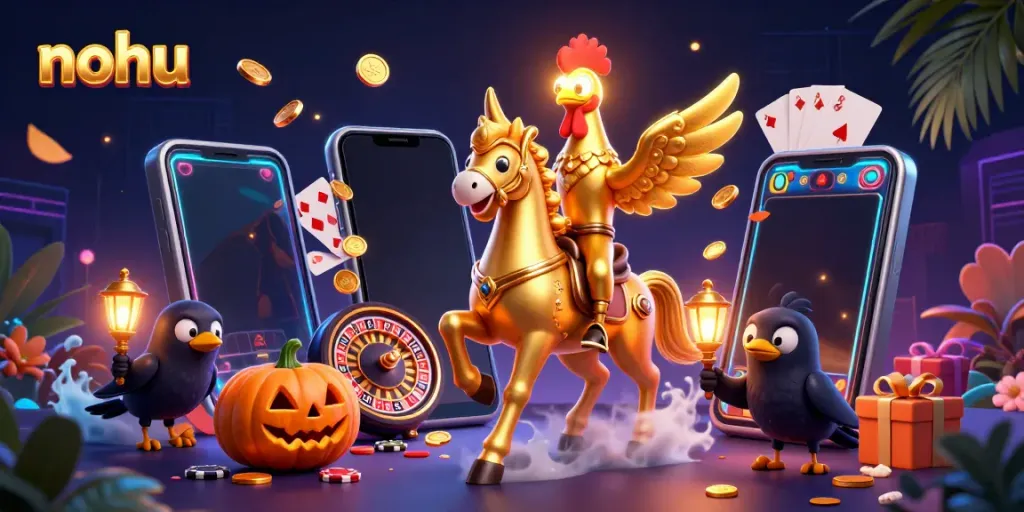 Experience thrilling nohu gameplay with a golden rooster headless horseman in a vibrant casino scene.