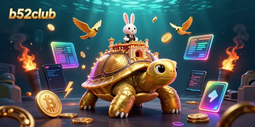 Experience the excitement of b52club with vibrant casino elements and golden rewards in this captivating digital scene.