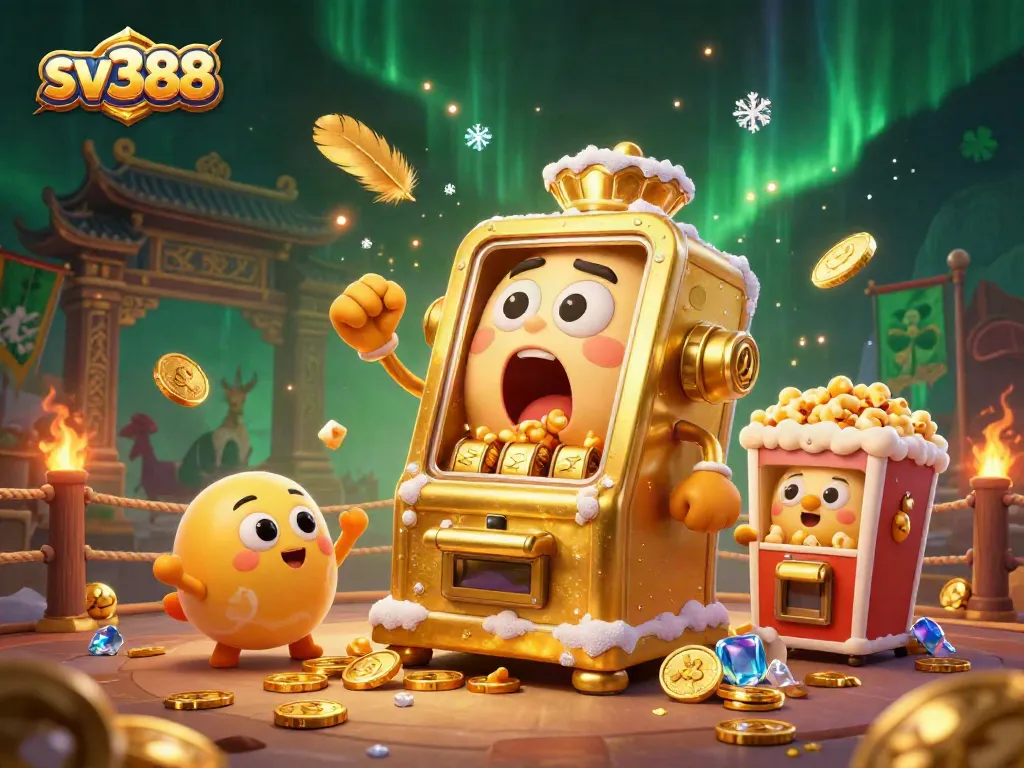 Experience the thrill of sv388 with a vibrant illustration showcasing a golden slot machine winning coins amidst dynamic cockfighting arena elements.