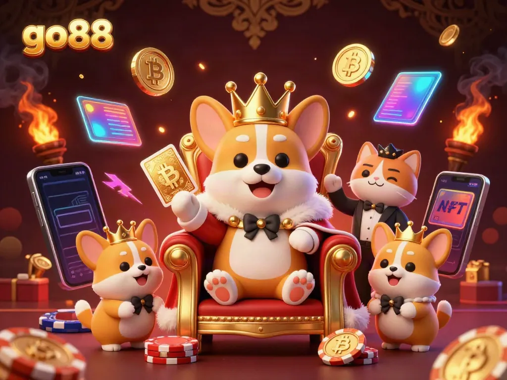 Experience go88's thrilling casino environment with corgis, poker elements, and cryptocurrency details in a vibrant scene.