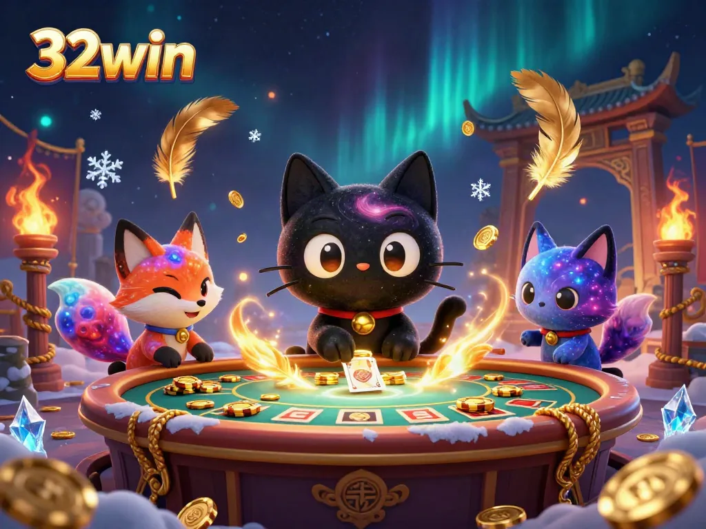 32win cosmic casino scene with a black hole cat and nebula fox gathering golden betting tokens.