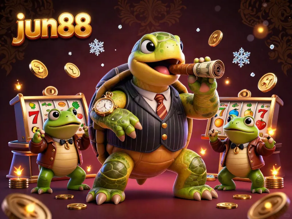 Experience the excitement with jun88 as the turtle mobster leads the gaming fun in this vibrant casino scene.