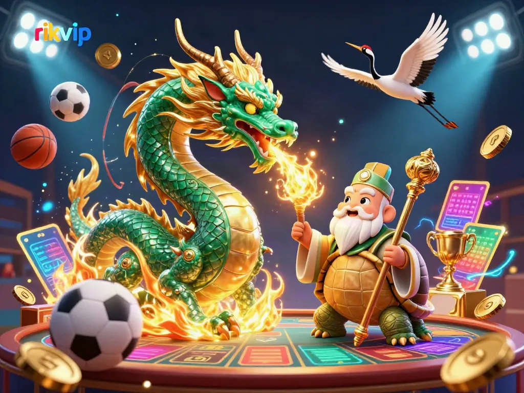 Experience the thrilling action at rikvip with a dragon, turtle sage, and lucky cranes in a vibrant casino illustration.