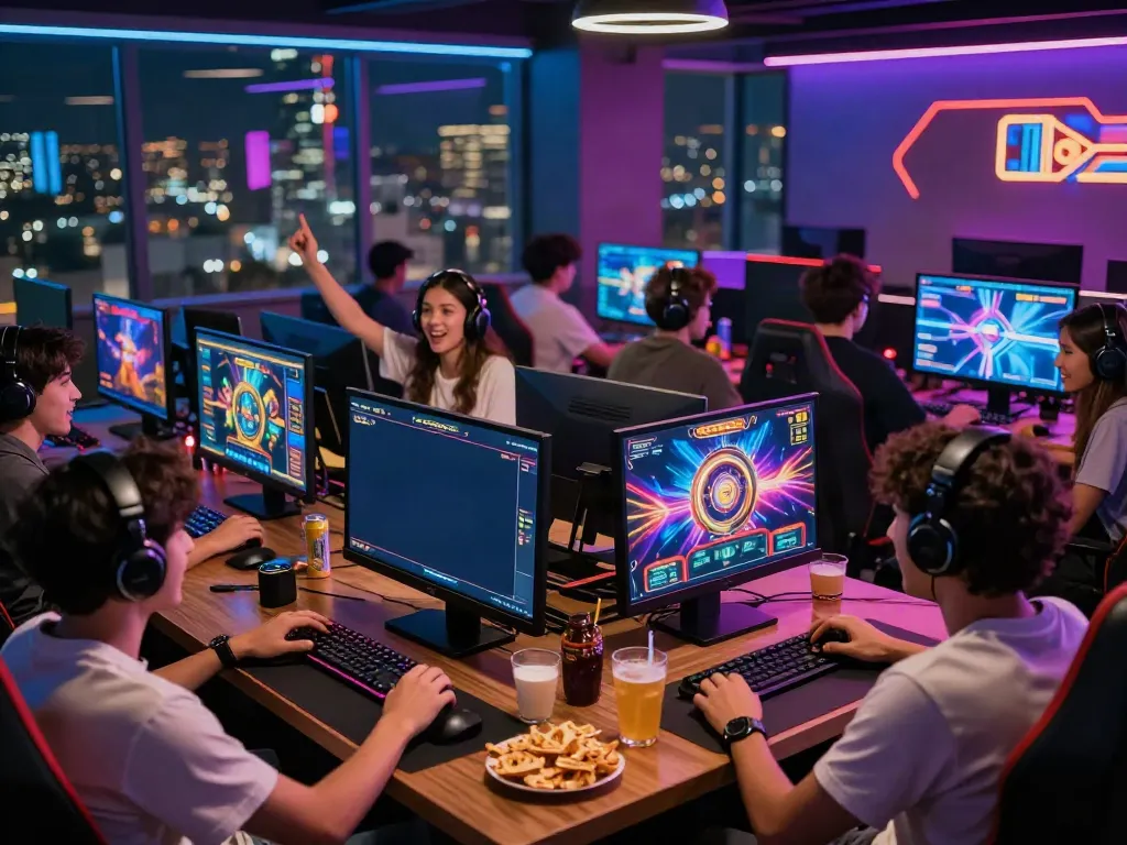 Friends enjoying an exciting slot gacor hari ini gaming session in a vibrant digital space.