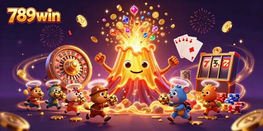 Experience the excitement of 789win with a vibrant eruption of coins and gems in a dynamic casino scene.