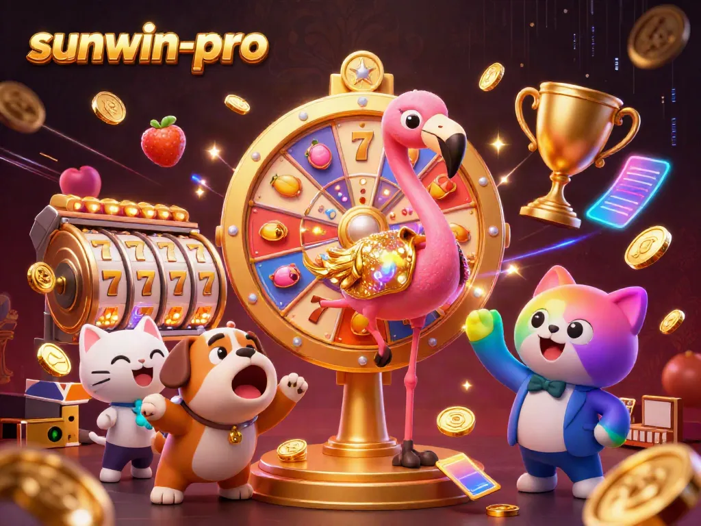 Experience the excitement with sunwin-pro at a lively prize wheel, featuring a flamingo host and excited bulldog contestant.
