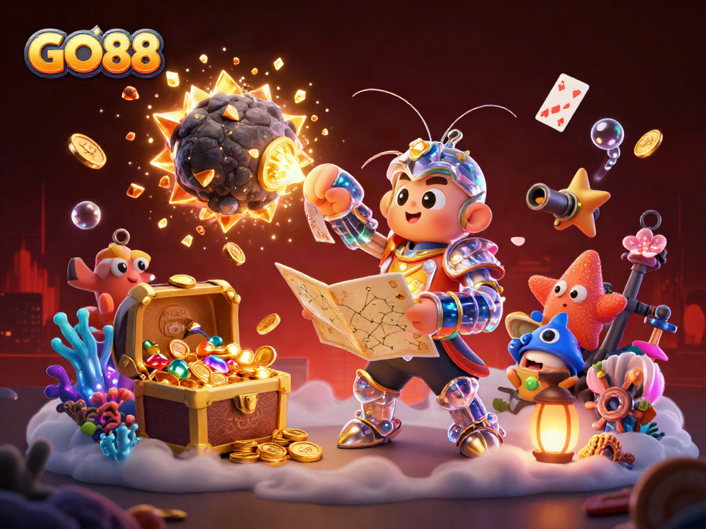 Experience thrilling gameplay with the GO88 casino scene filled with vibrant characters and golden rewards.