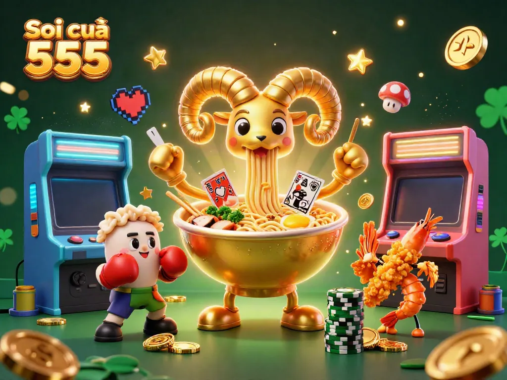Soi cầu 555 showcases a vibrant scene with a giant ramen bowl character and casino-themed game elements.
