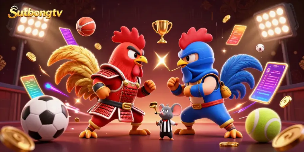 Sutbongtv captures an intense gambling showdown with twin roosters in battle gear, surrounded by sports elements and vibrant lighting.
