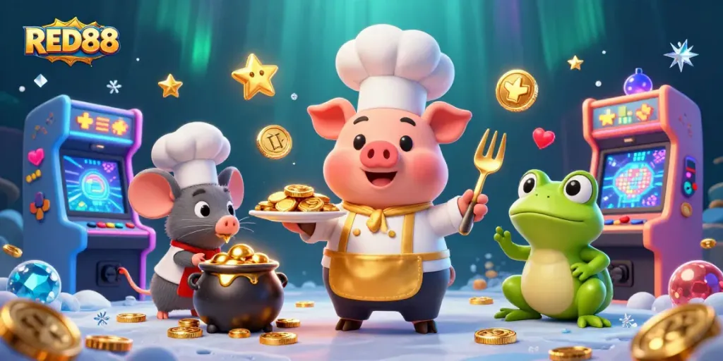 RED88 chef pig serves gold coin platter in dynamic casino scene with arcade elements.