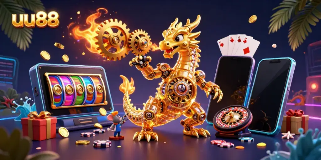 Experience thrilling gameplay with uu88's gold-breathing dragon in an intricate 3D casino scene.